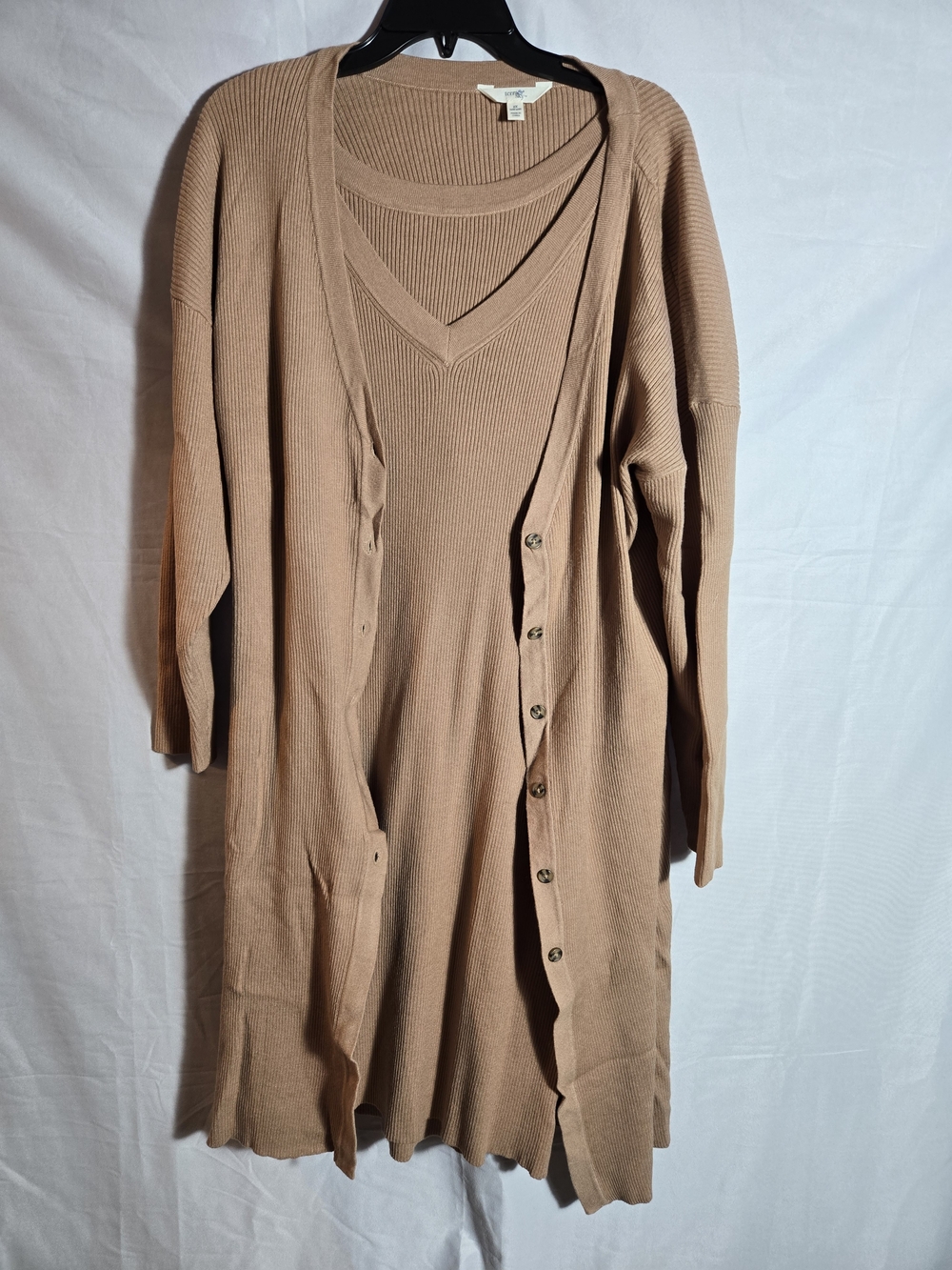 Terra & Sky Ribbed V-Neck Midi Dress with Matching Cardigan - Taupe
